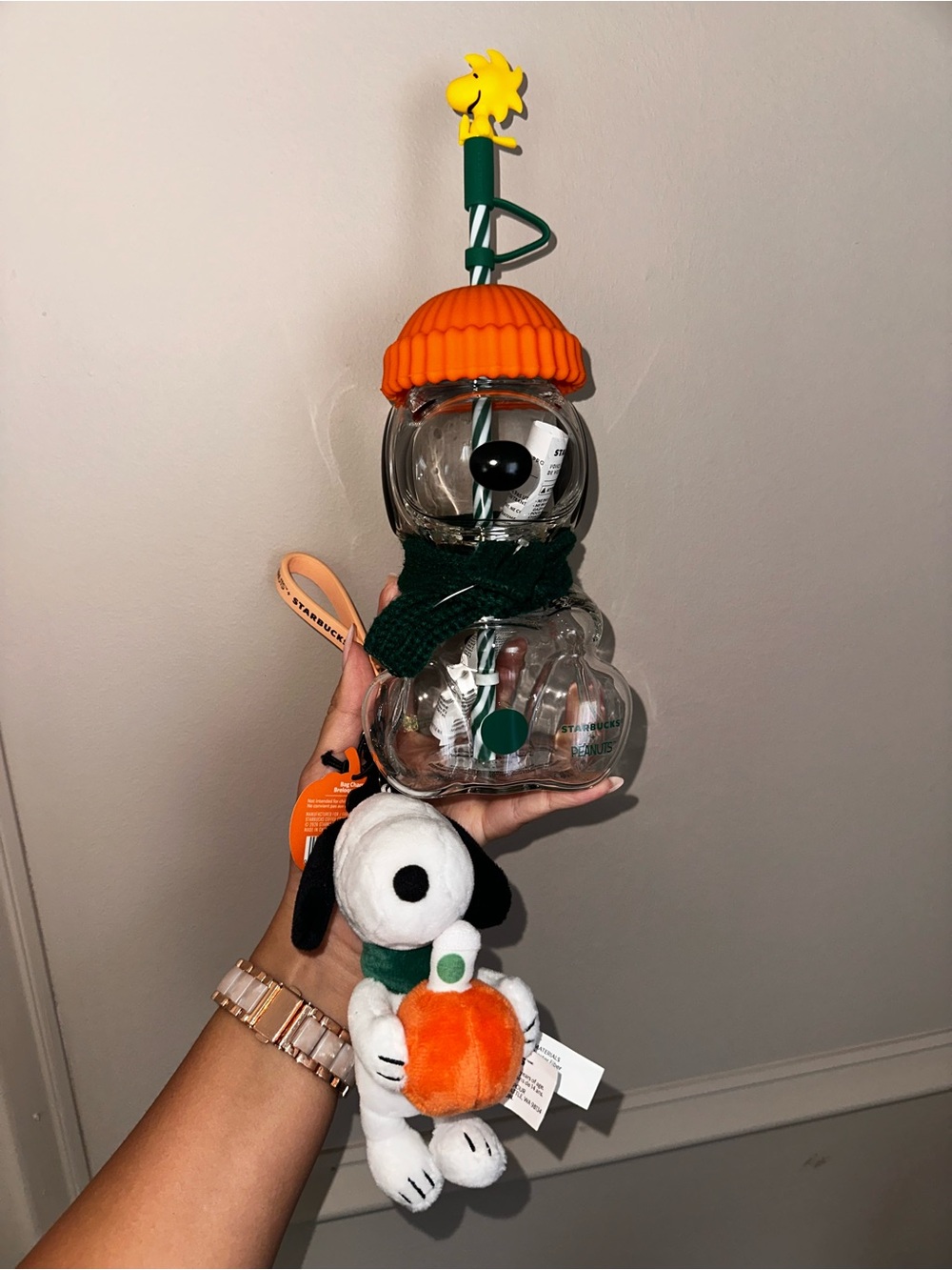 Bundle Starbucks Peanuts Snoopy Glass Cup + Keychain